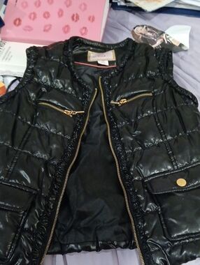 Pink Envelope Black Quilted Puffer Vest with Gold Hardware